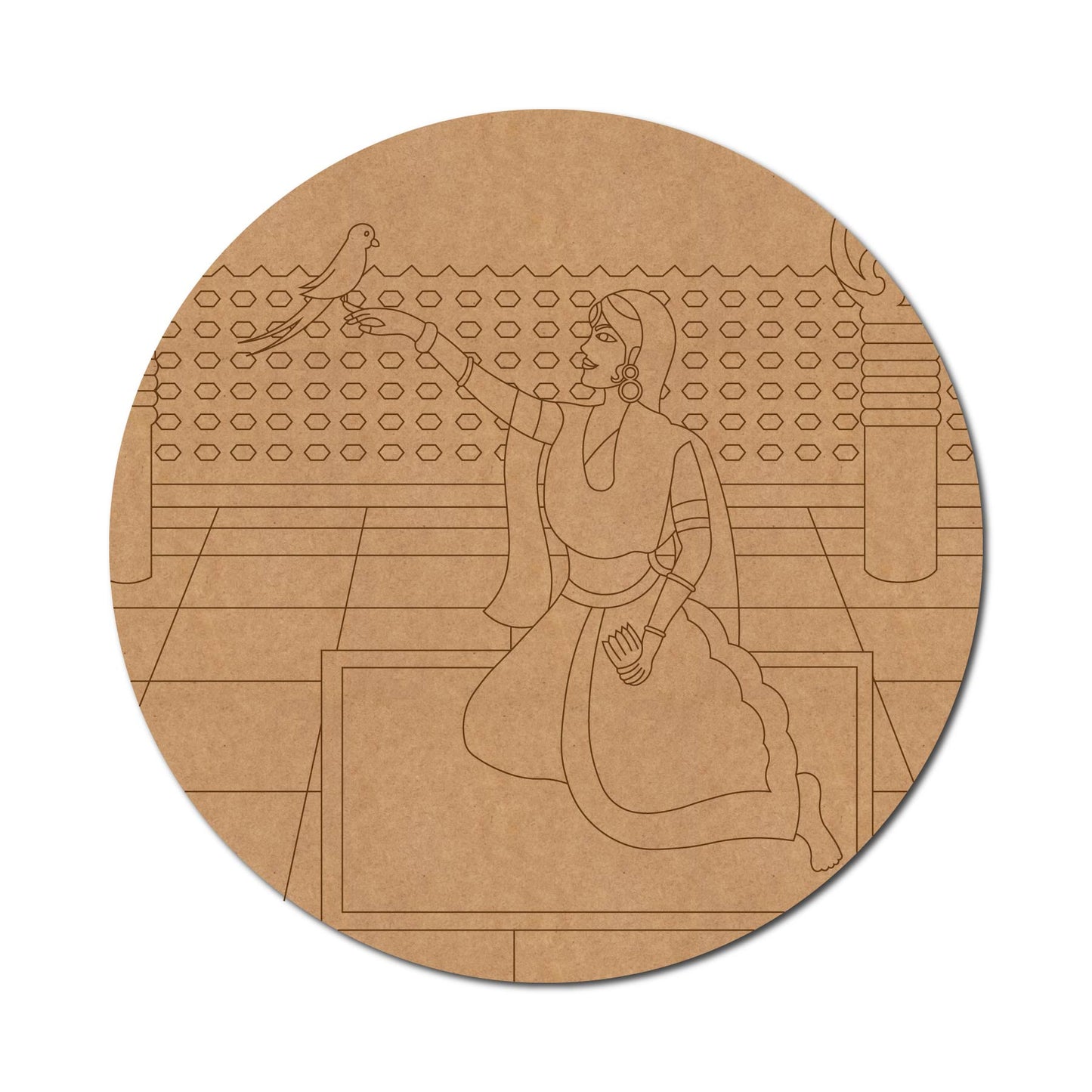 Madhubani Maharani With Parrot Pre Marked Round MDF Design 1