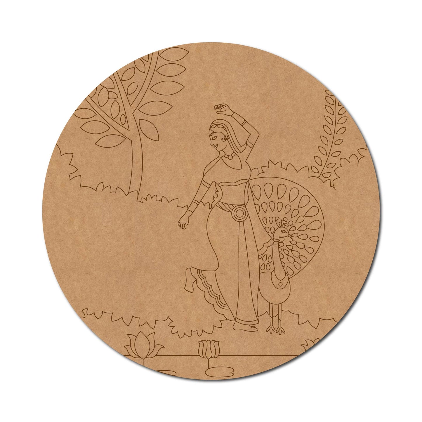 Madhubani Maharani With Peacock Pre Marked Round MDF Design 2