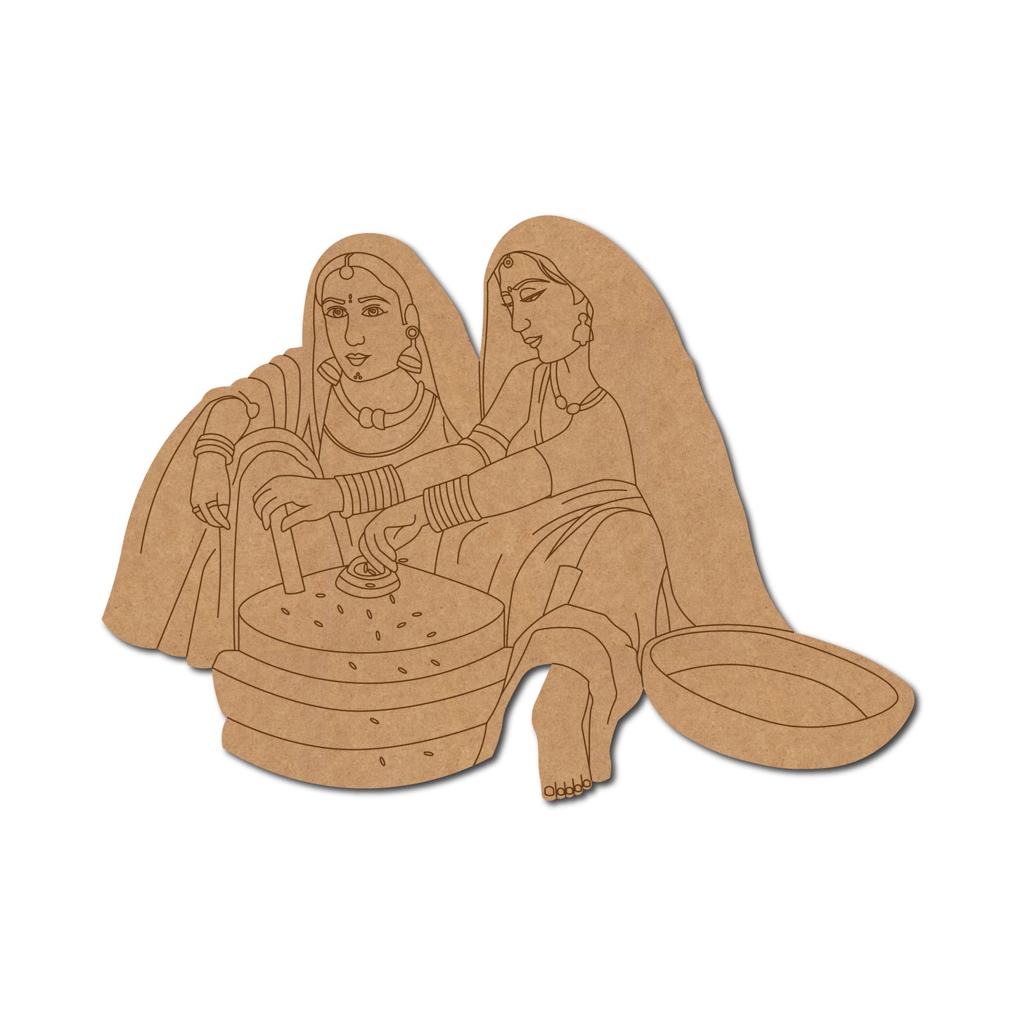 Village Women Working On Chakki Pre Marked MDF Design 1