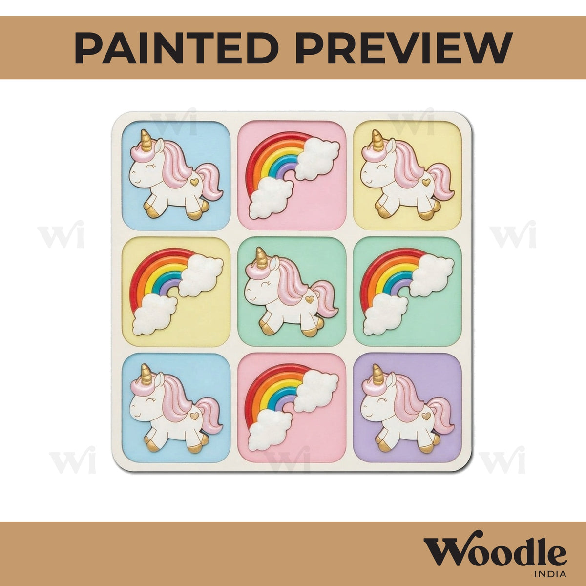 Unicorn Rainbow Tic Tac Toe Pre Marked MDF Design 1