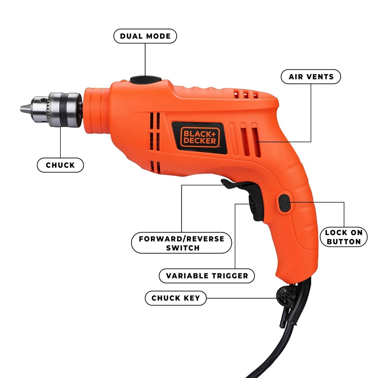 BLACK+DECKER TB555-B1 550W 10mm Variable Speed Reversible Hammer Drill By Stanley