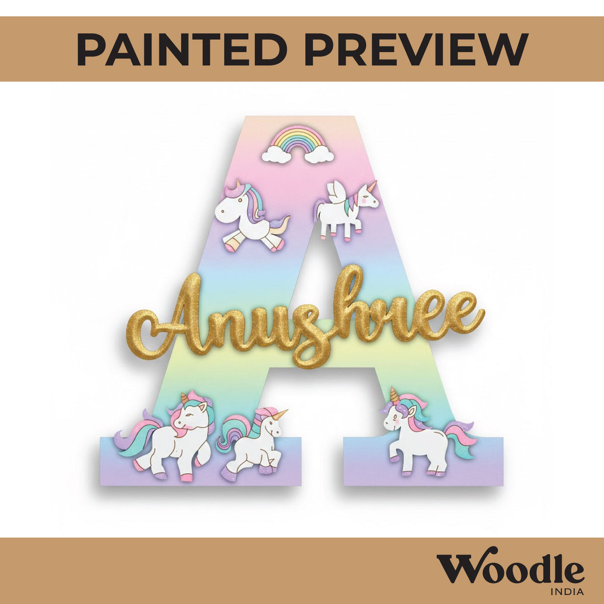 Alphabet Monogram Unicorn Nameplate MDF Design 1