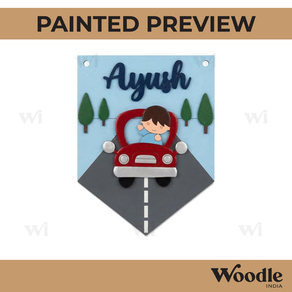 Boy In Car Banner Nameplate MDF Design 1