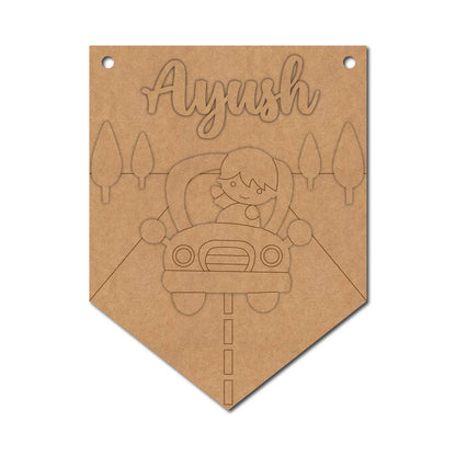 Boy In Car Banner Nameplate MDF Design 1