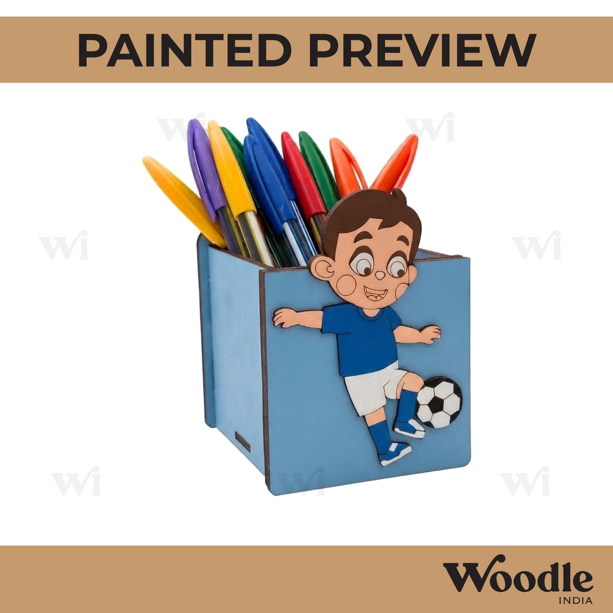 Boy Playing Football Pen Stand MDF Design 1