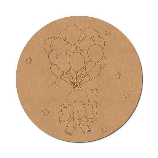 Elephant with Balloons Pre Marked Round MDF Design 2