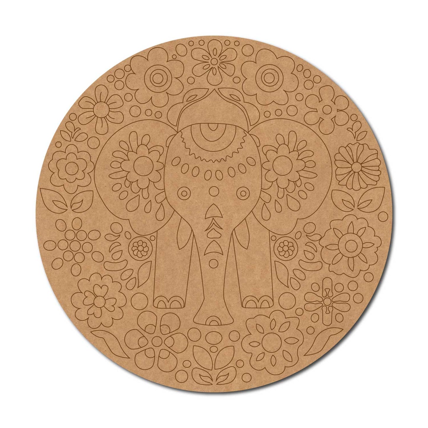 Floral Elephant Pre Marked Round MDF Design 1