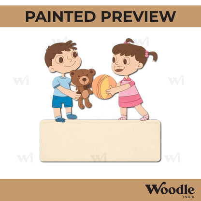 Girl And Boy Playing Nameplate Pre Marked MDF Design 1