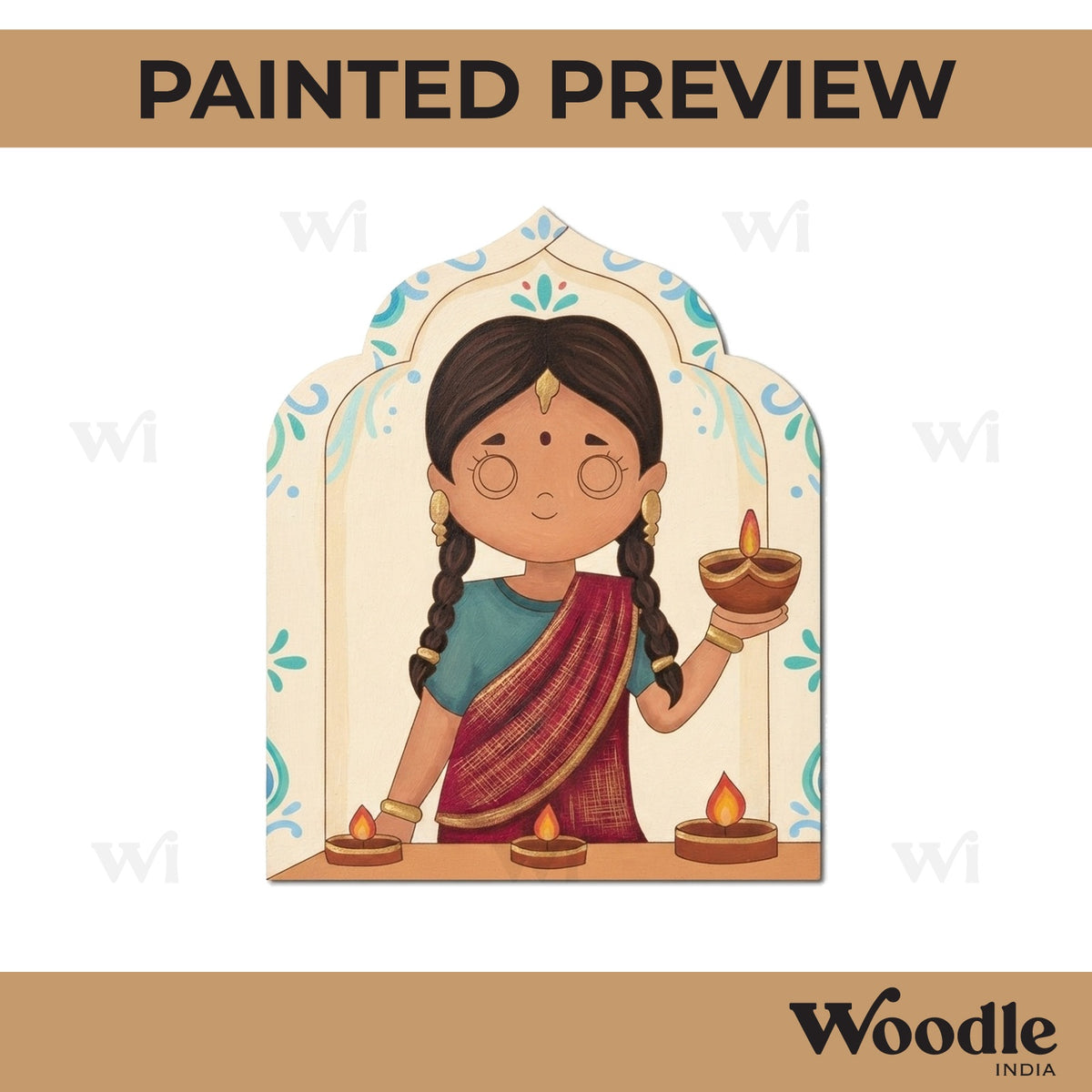 Girl With Diya Pre Marked Base MDF Design 1
