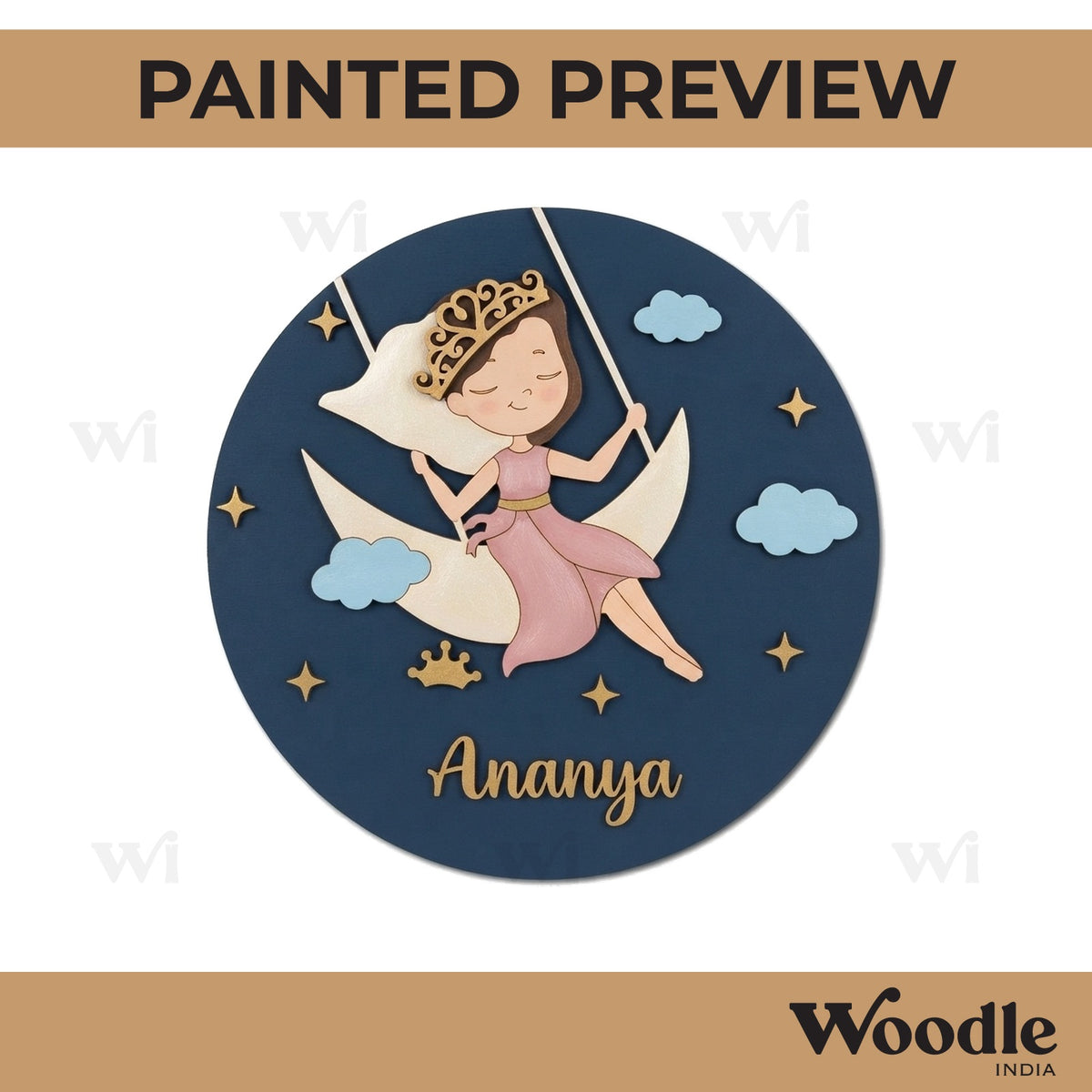 Girl Moon Cloud Swing Nameplate MDF Design 1