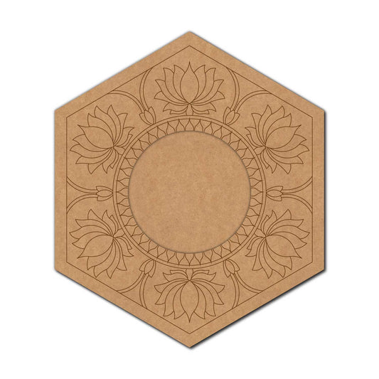 Hexagon Mirror Lotus Mandala Pre Marked Base MDF Design 1