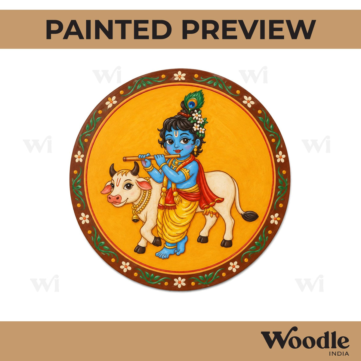 Krishna Ji With Cow Pre Marked Round MDF Design 1