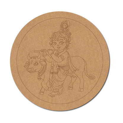 Krishna Ji With Cow Pre Marked Round MDF Design 1