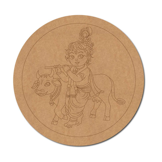 Krishna Ji With Cow Pre Marked Round MDF Design 1