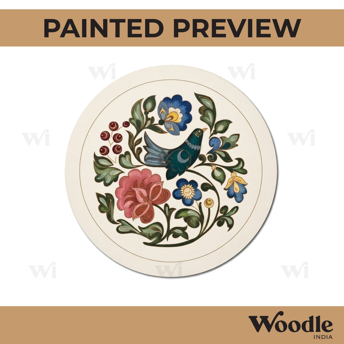 Madhubani Bird Floral Pre Marked Round MDF Design 1