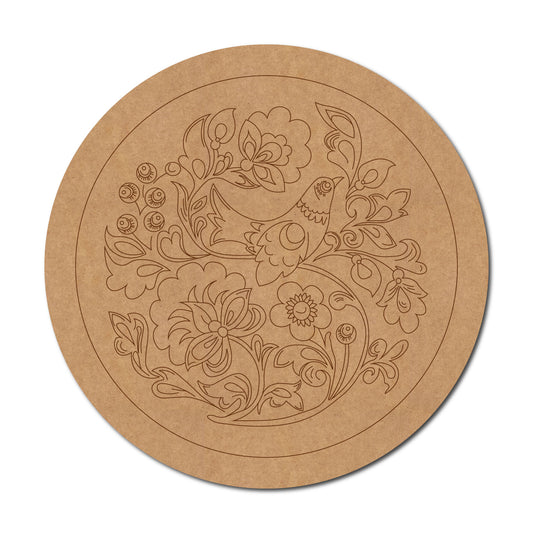 Madhubani Bird Floral Pre Marked Round MDF Design 1