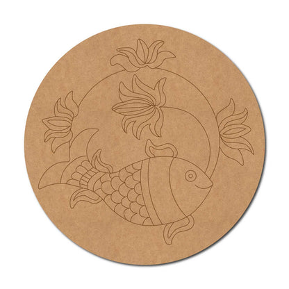 Madhubani Fish Lotus Pre Marked Round MDF Design 1