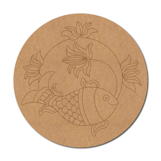Madhubani Fish Lotus Pre Marked Round MDF Design 1