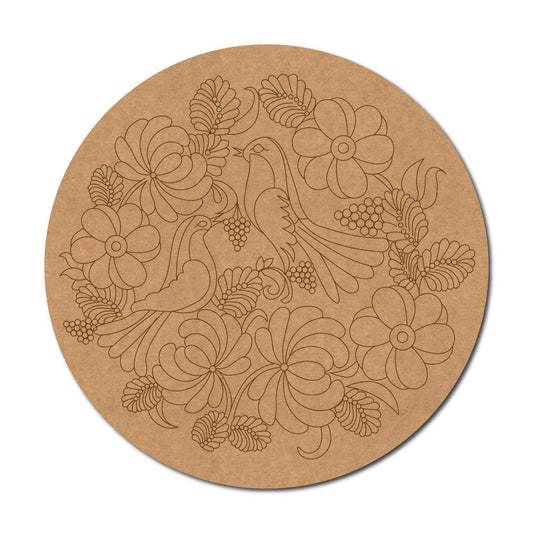 Madhubani Floral Birds Pre Marked Round MDF Design 1