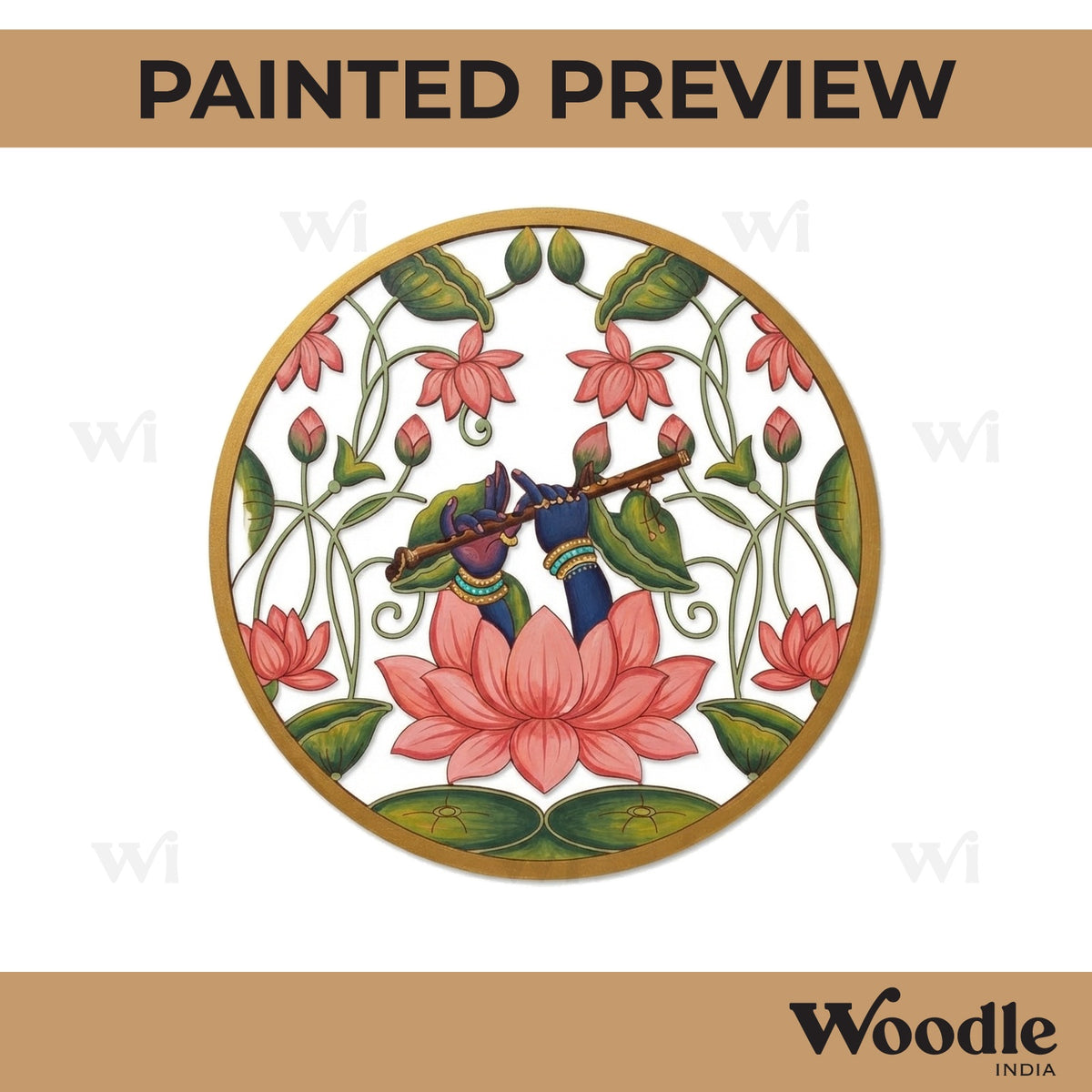 Madhubani Lotus Bansuri Pre Marked Round MDF Design 1