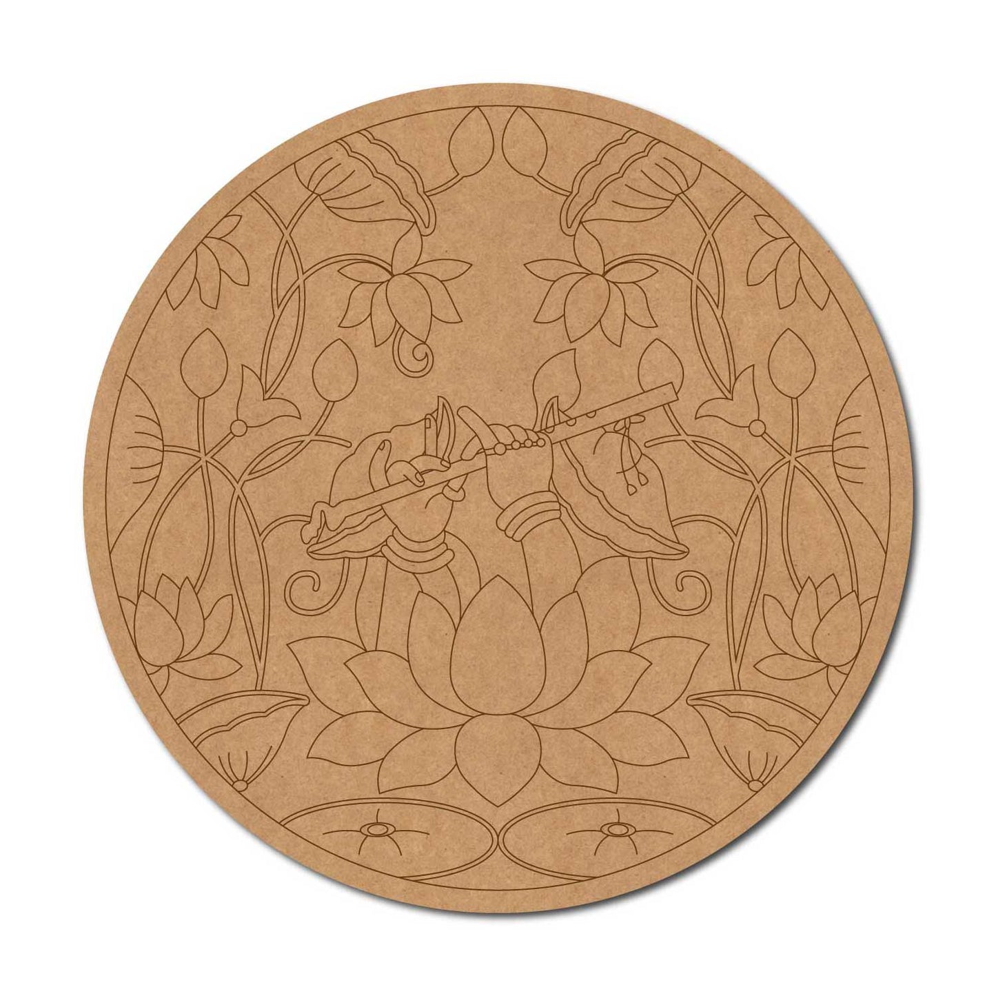 Madhubani Lotus Bansuri Pre Marked Round MDF Design 1