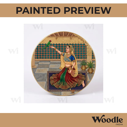 Madhubani Maharani With Parrot Pre Marked Round MDF Design 1