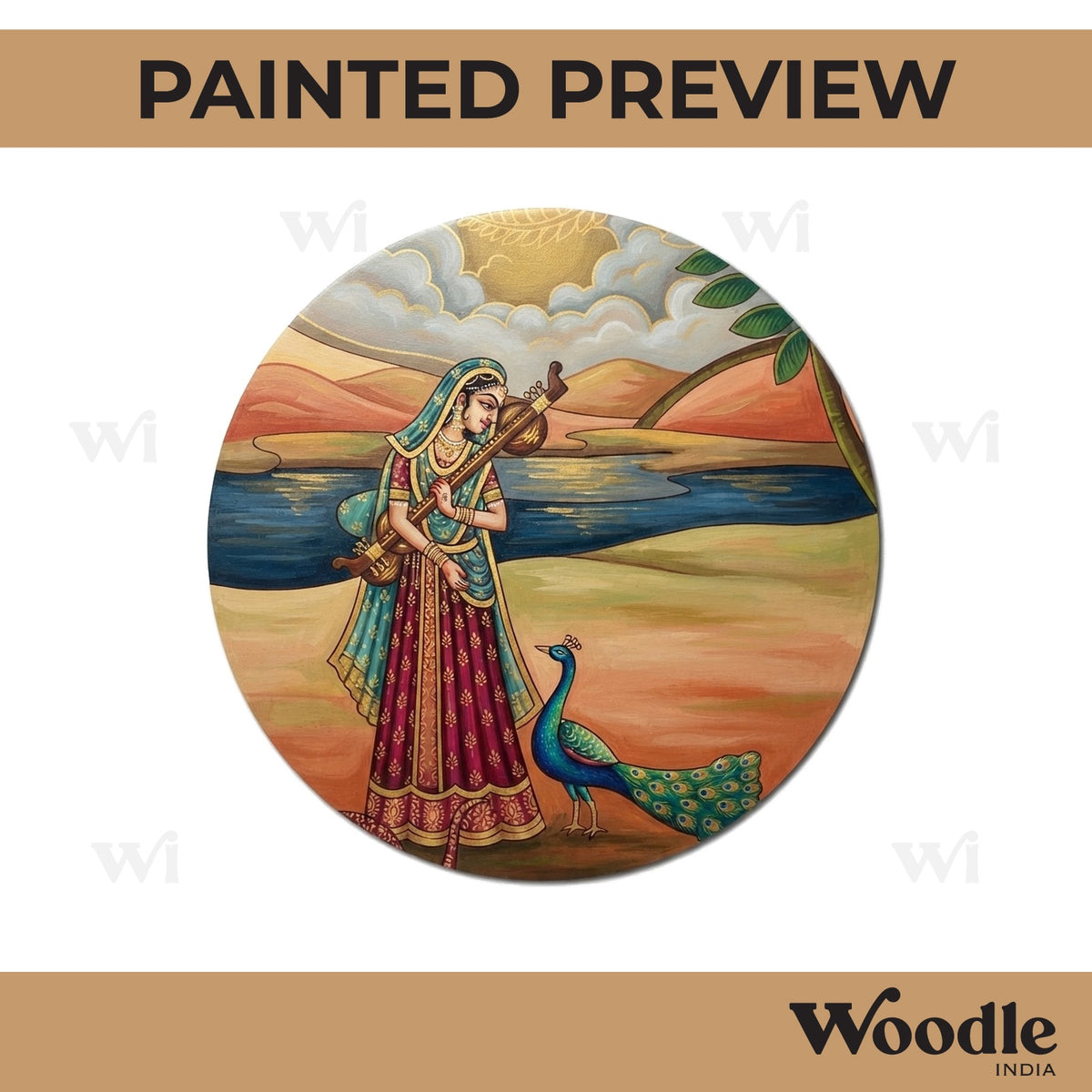 Madhubani Maharani With Peacock Pre Marked Round MDF Design 1