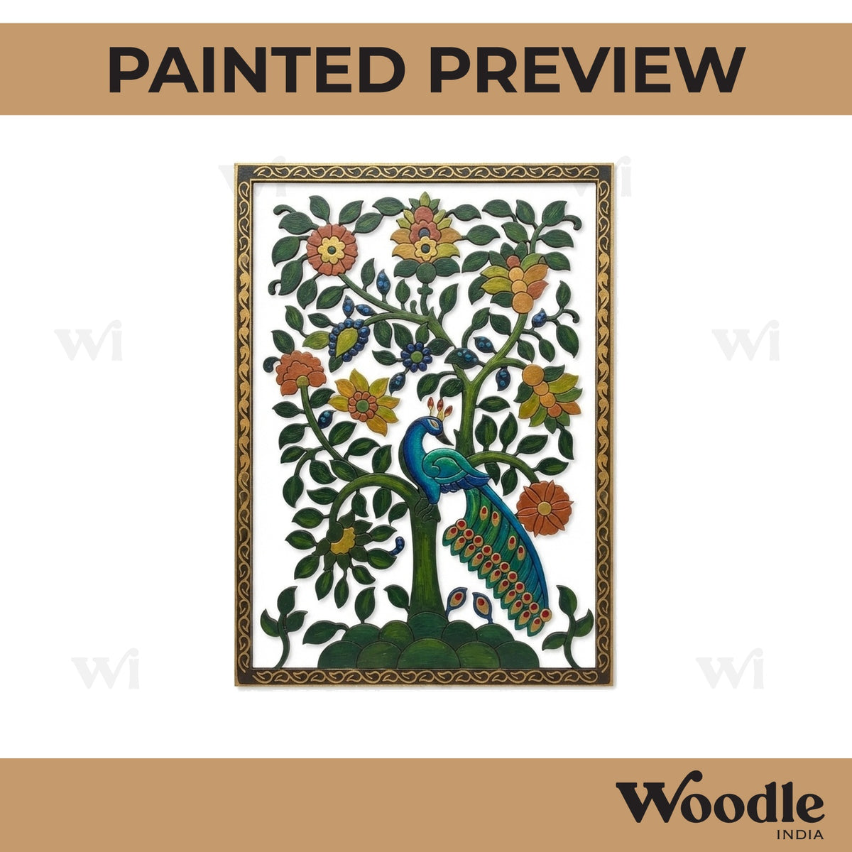 Madhubani Peacock Floral Pre Marked Base MDF Design 1