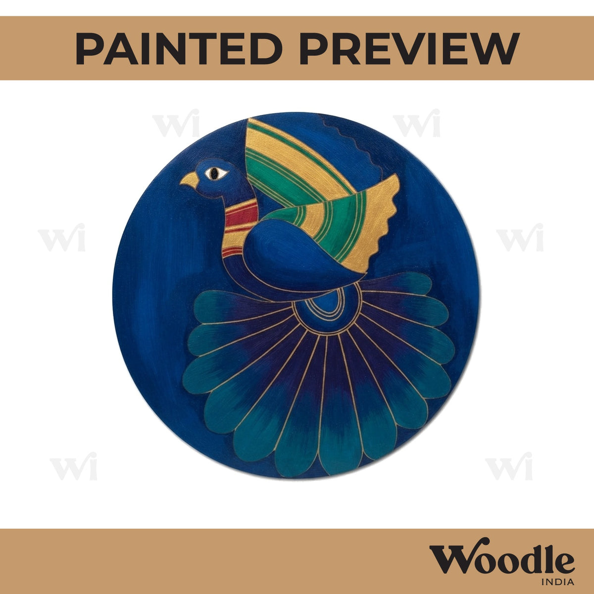 Madhubani Peacock Pre Marked Round MDF Design 1