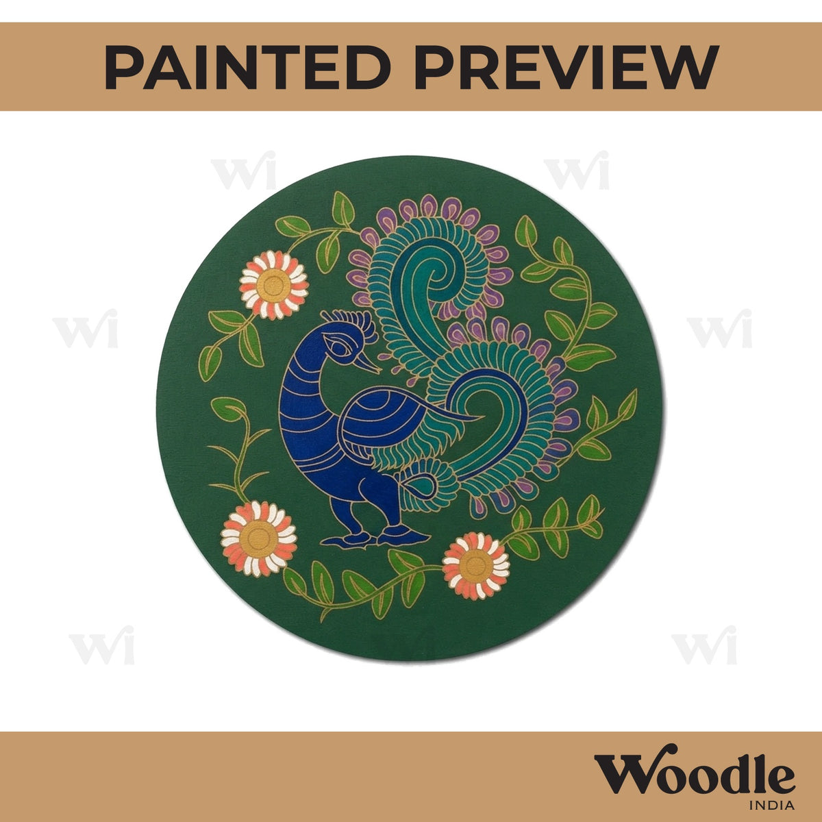Madhubani Peacock Pre Marked Round MDF Design 11
