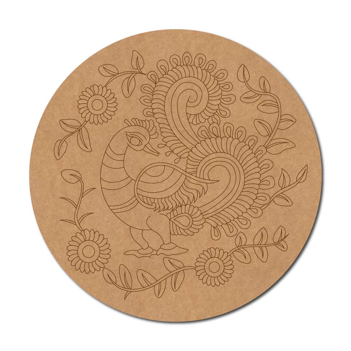 Madhubani Peacock Pre Marked Round MDF Design 11