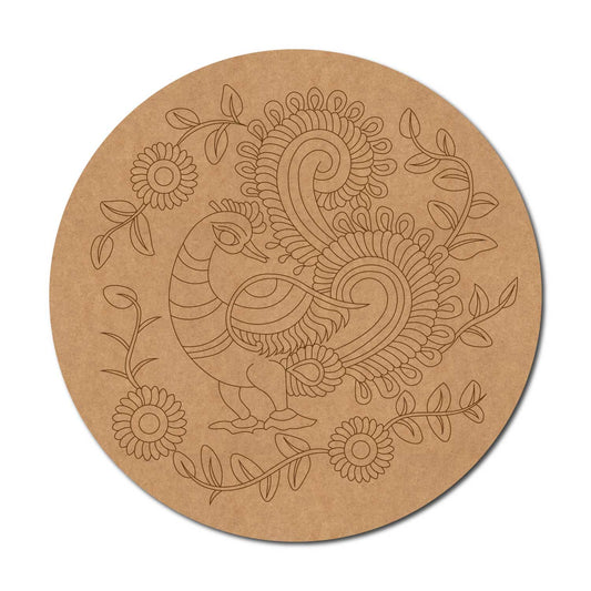 Madhubani Peacock Pre Marked Round MDF Design 11