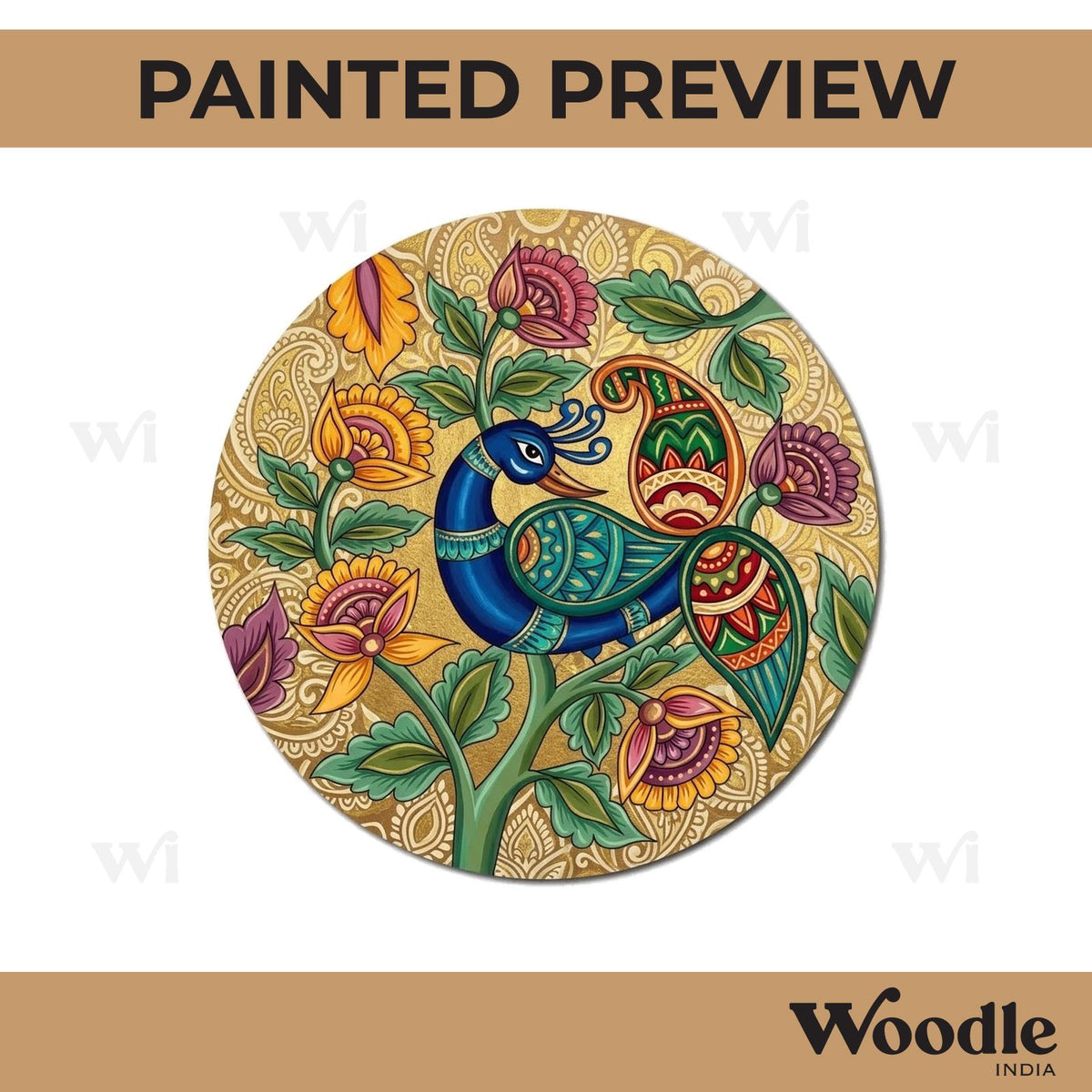 Madhubani Peacock Pre Marked Round MDF Design 12