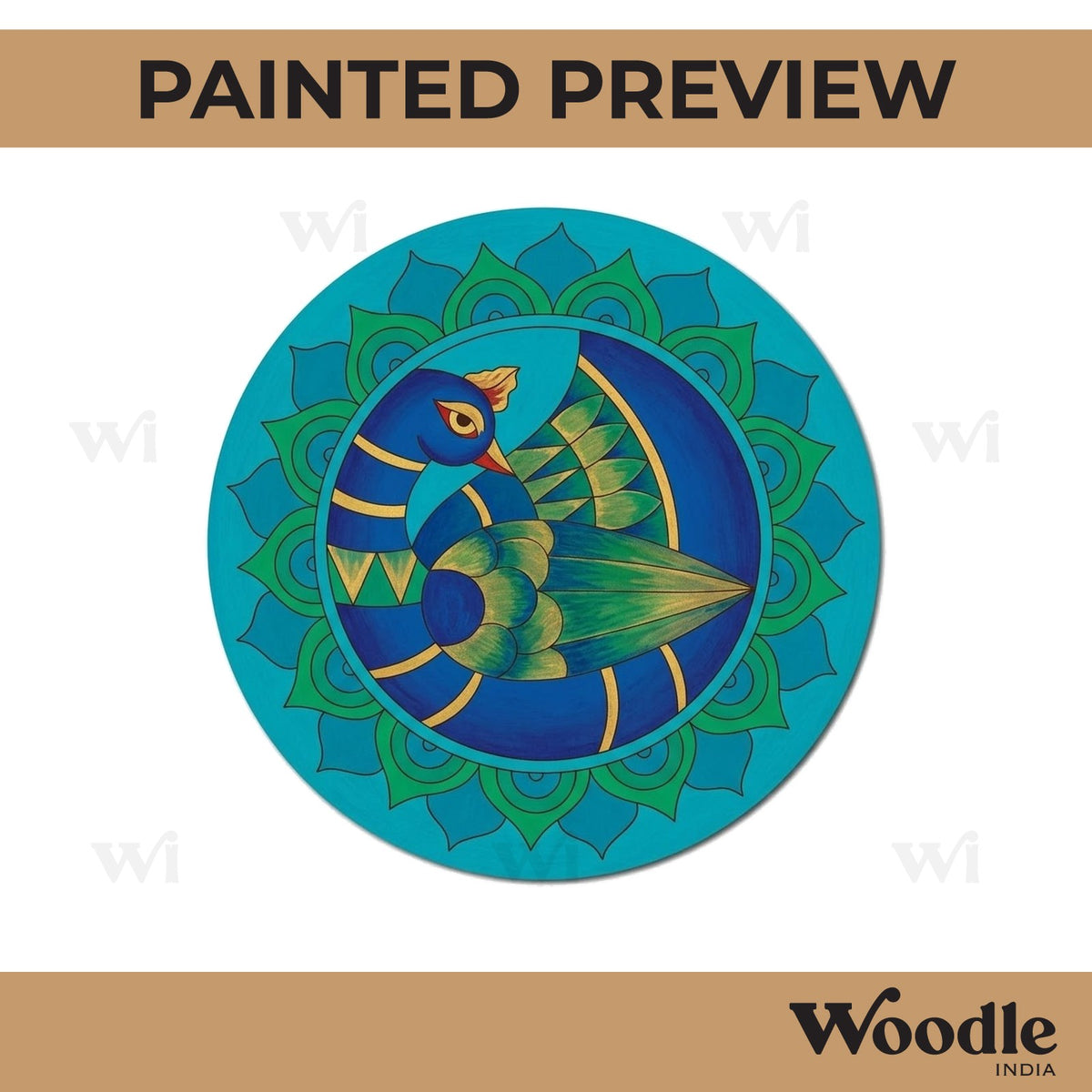 Madhubani Peacock Pre Marked Round MDF Design 2