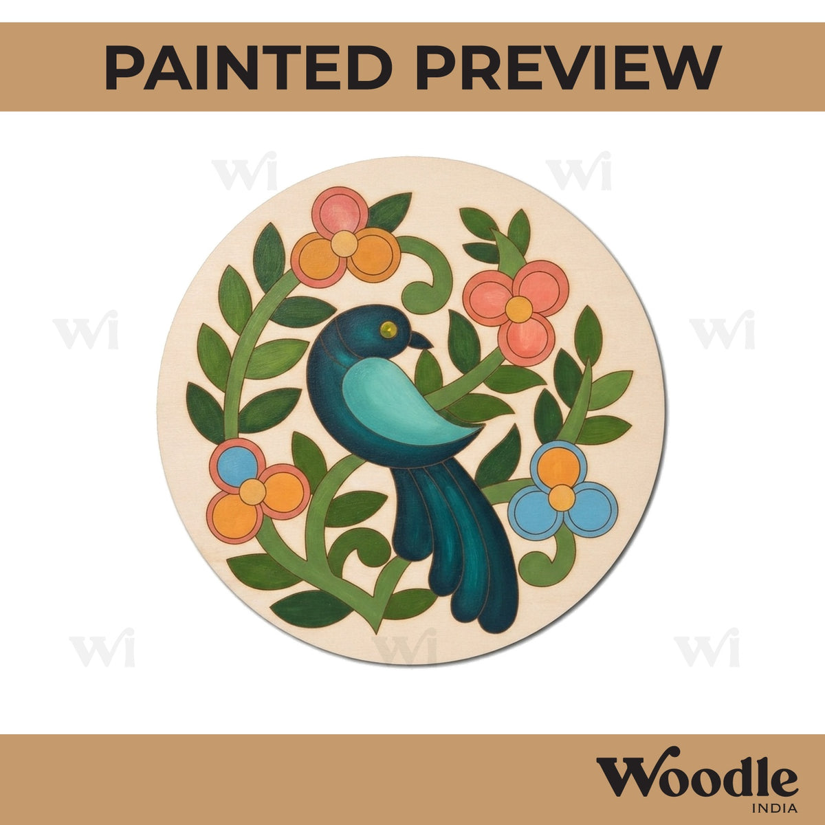 Madhubani Peacock Pre Marked Round MDF Design 4
