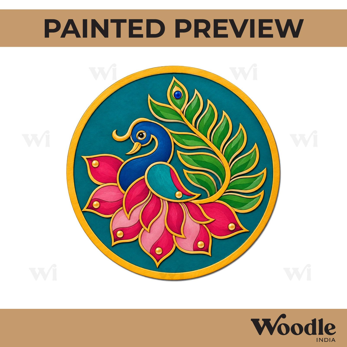 Madhubani Peacock Pre Marked Round MDF Design 5