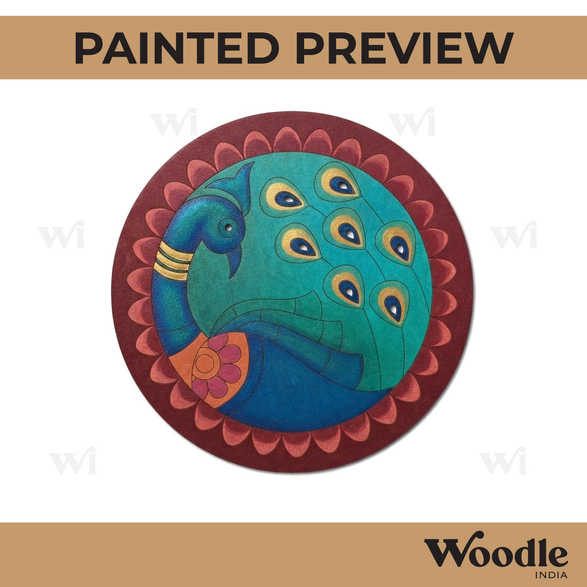 Madhubani Peacock Pre Marked Round MDF Design 6