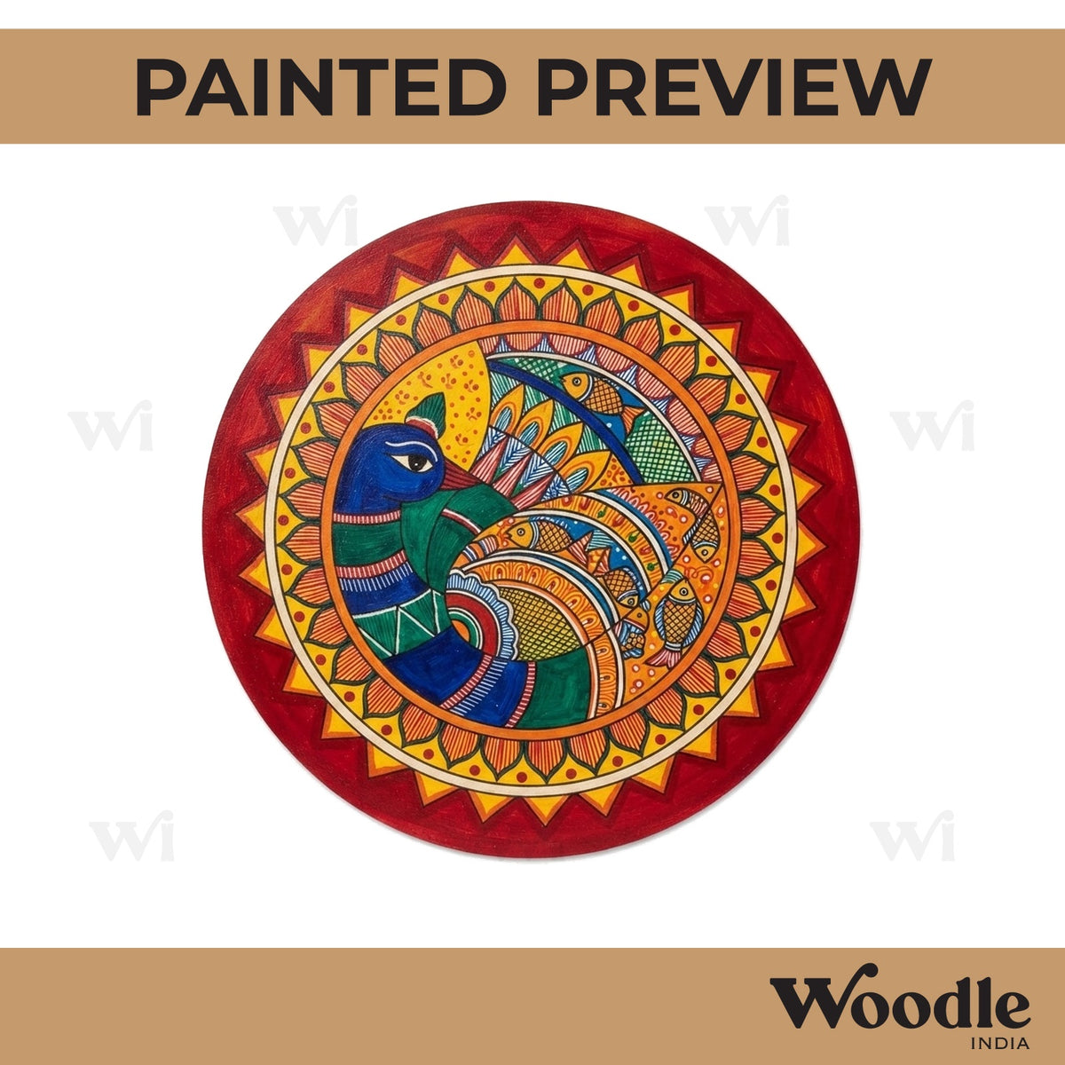 Madhubani Peacock Pre Marked Round MDF Design 7