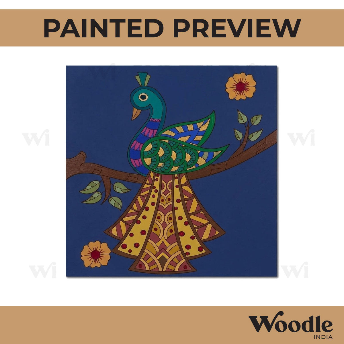 Madhubani Peacock Pre Marked Square MDF Design 1