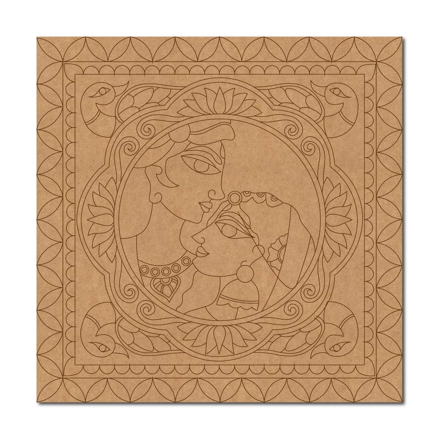 Madhubani Radha Krishna Lotus Peacock Pre Marked Square MDF Design 1