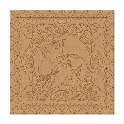 Madhubani Radha Krishna Lotus Peacock Pre Marked Square MDF Design 1