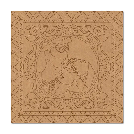 Madhubani Radha Krishna Lotus Peacock Pre Marked Square MDF Design 1