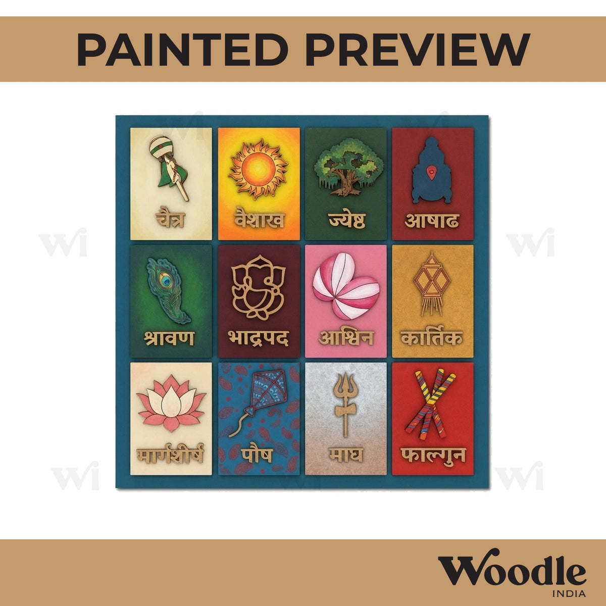 Marathi Calender Hindu Months Three Layered Pre Marked MDF Design 1