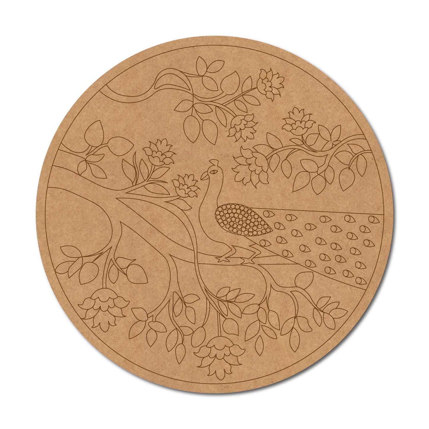 Peacock Floral Pre Marked Round MDF Design 1