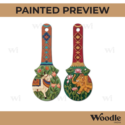Pichwai Cow And Elephant Kolam Ladle Pre Marked MDF Design 1