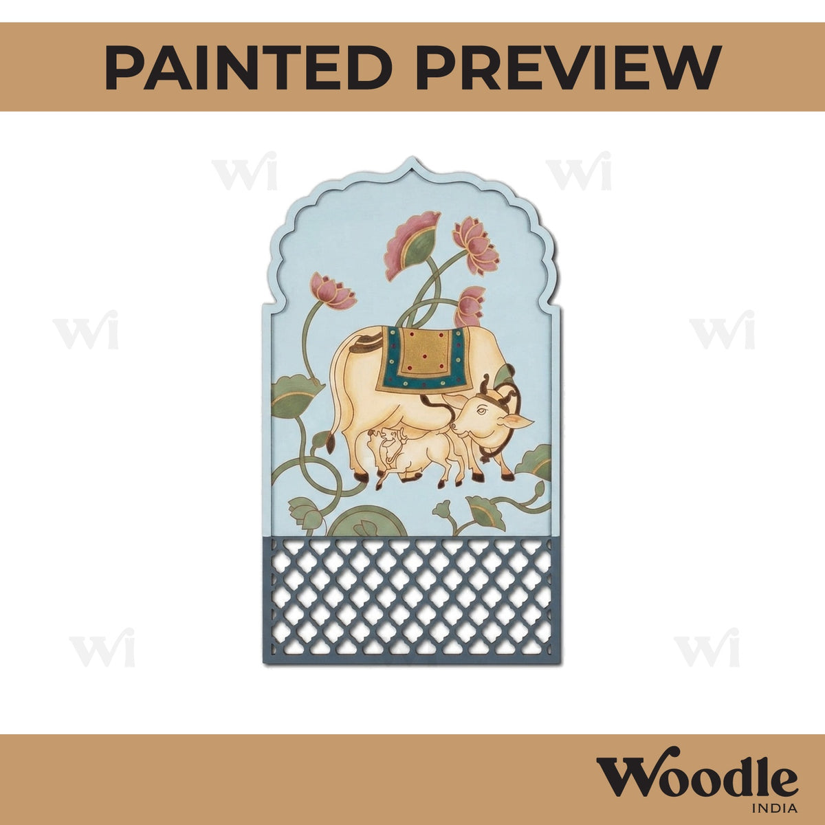 Pichwai Cow And Lotus Jharokha Pre Marked Base MDF Design 1