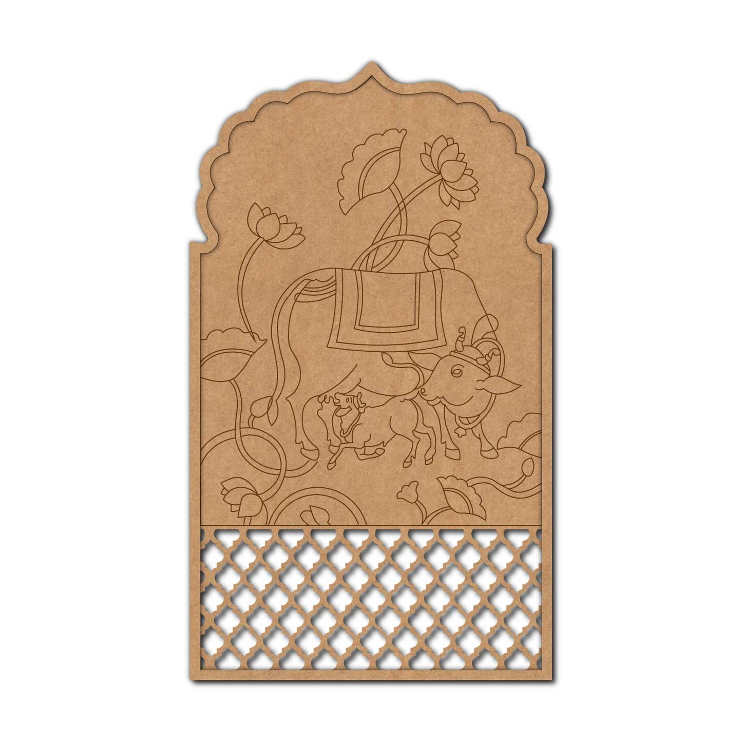 Pichwai Cow And Lotus Jharokha Pre Marked Base MDF Design 1