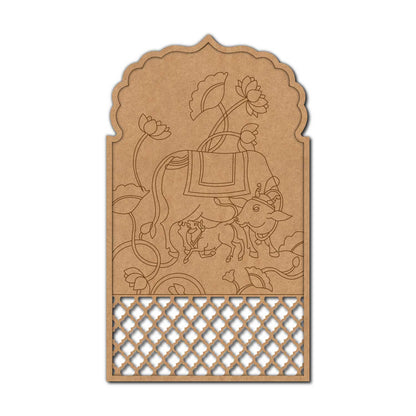 Pichwai Cow And Lotus Jharokha Pre Marked Base MDF Design 1