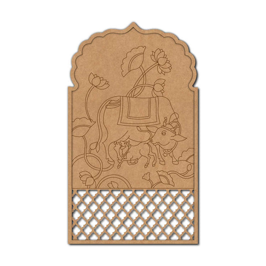 Pichwai Cow And Lotus Jharokha Pre Marked Base MDF Design 1