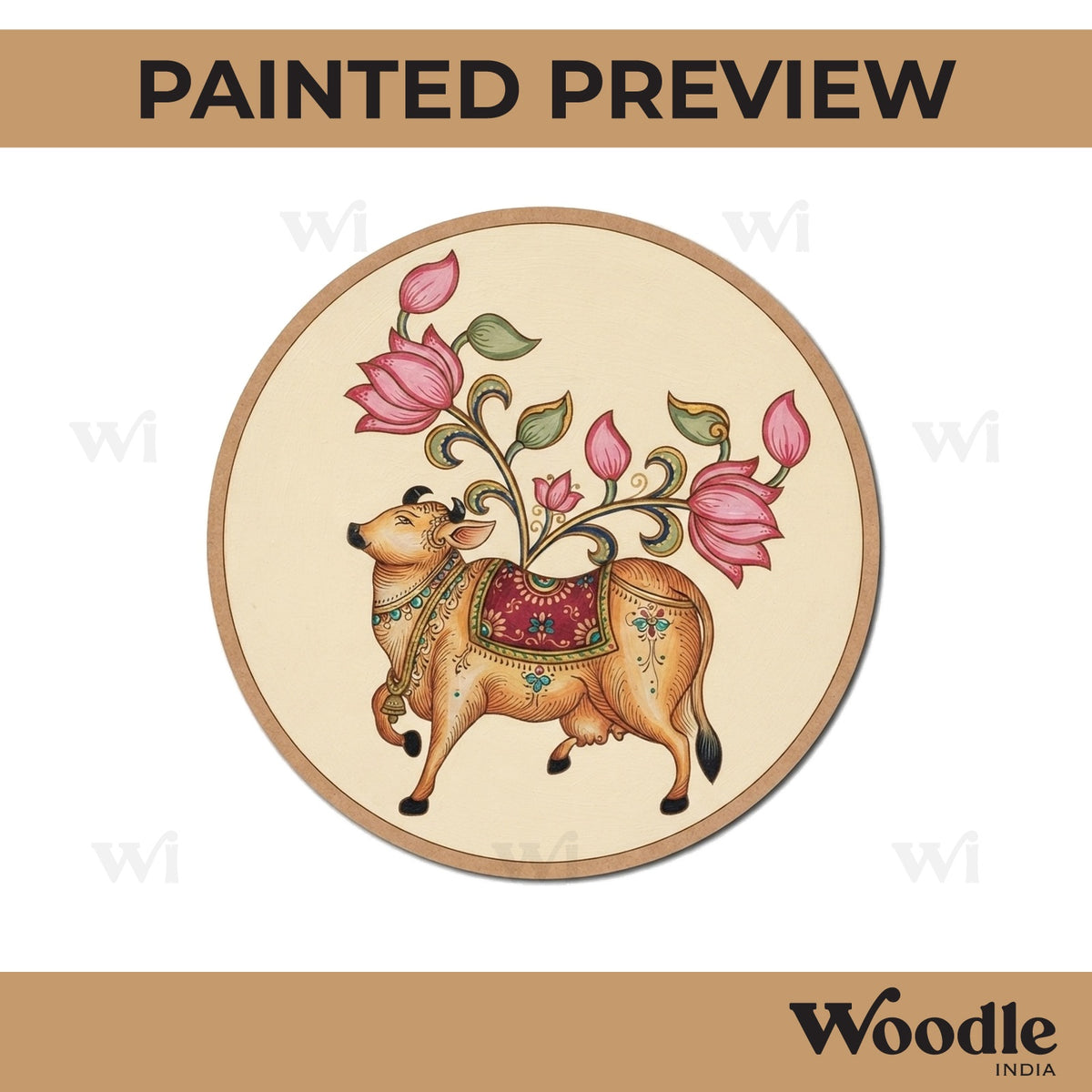 Pichwai Cow And Lotus Pre Marked Round MDF Design 1